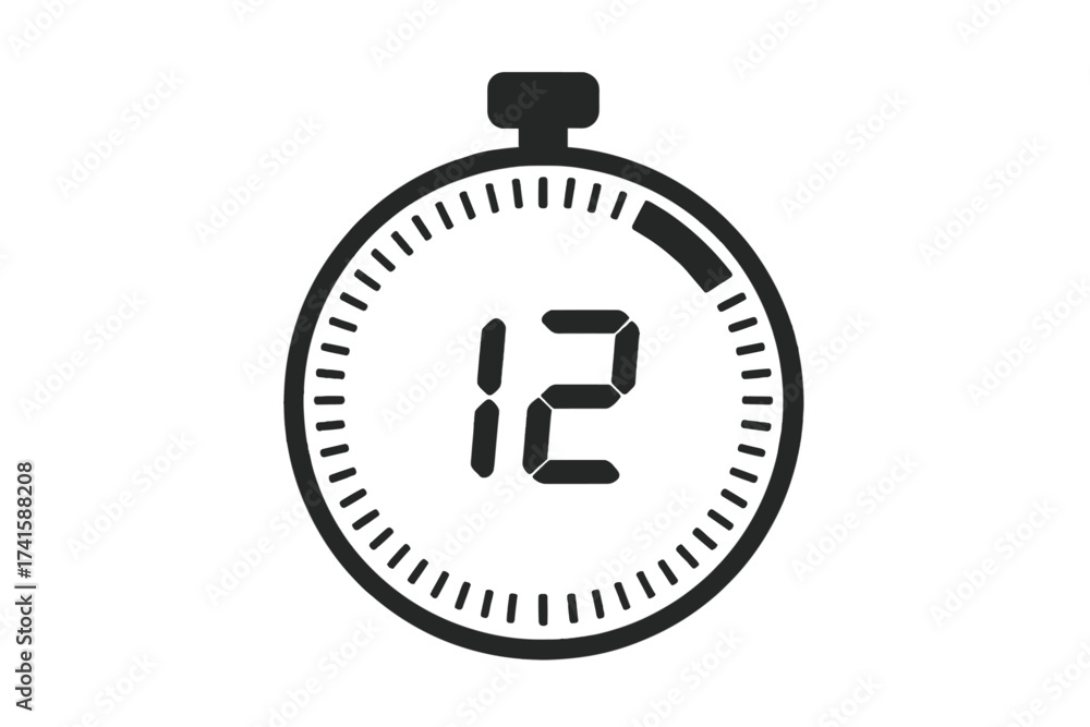 12 seconds digital timer icon, stopwatch countdown symbol, vector ...