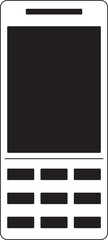 Minimalist black and white outline illustration of a classic mobile phone with a large screen and physical keypad buttons for communication