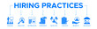 © Billy - Hiring Practices banner website vector illustration concept of with icons of training, employee, information, agreement, selection, checklist, benefits and insurance
