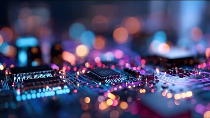 Digital circuit board with electronic components and bokeh background