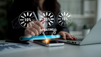 A concept of a system update and software installation. A progress bar and loading icons showing the update percentage and status. Motif