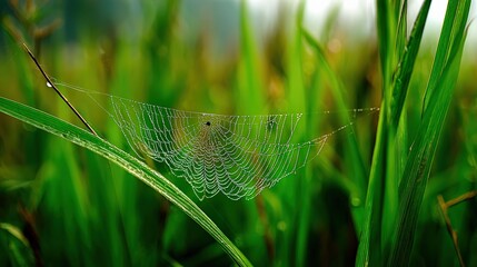 Close up of spider web in lush green grass during early morning