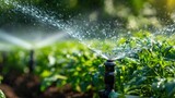 Irrigation system watering green crop plants in garden setting