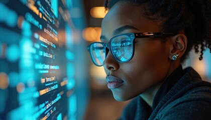 Woman analyzes code on futuristic screen, wearing glasses. She works with data, tech, and cybersecurity in a modern office. This image reflects innovation.
