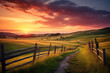 © Hiro - Serene sunset over rolling hills with a winding path and wooden fence in the foreground