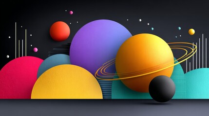 Wall Mural - A colorful space scene with a yellow and black planet in the middle. The planets are all different sizes and colors, and they are scattered throughout the scene. The background is a dark blue color