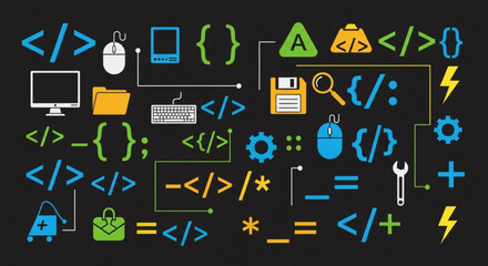 Illustration depicting various programming and coding symbols and icons on a dark background design concept