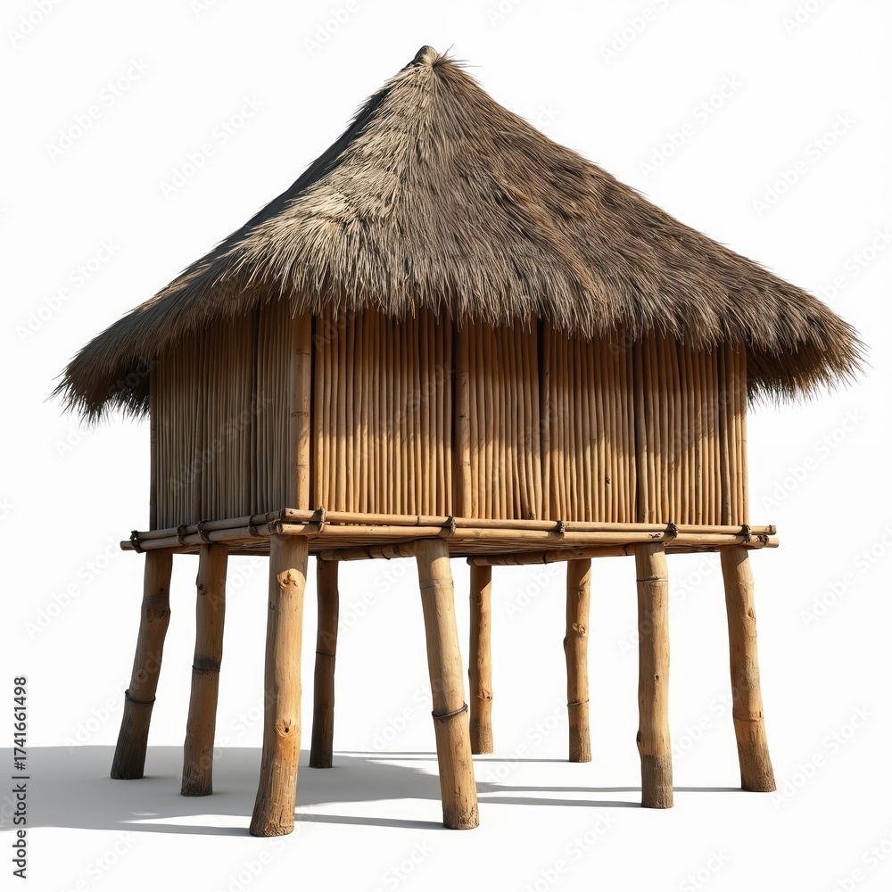 Traditional bamboo hut on stilts. Thatched roof and natural wood ...