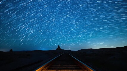 Wall Mural - Starry Sky Above Train Track Mojave Desert Astrophotography Night Sky Time Lapse in California USA