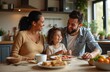 © miss irine - Family enjoys morning food at home kitchen. Happy mom dad and girl laugh together at breakfast table. Family fun concept. Healthy lifestyle at cozy home. Interior design photo.