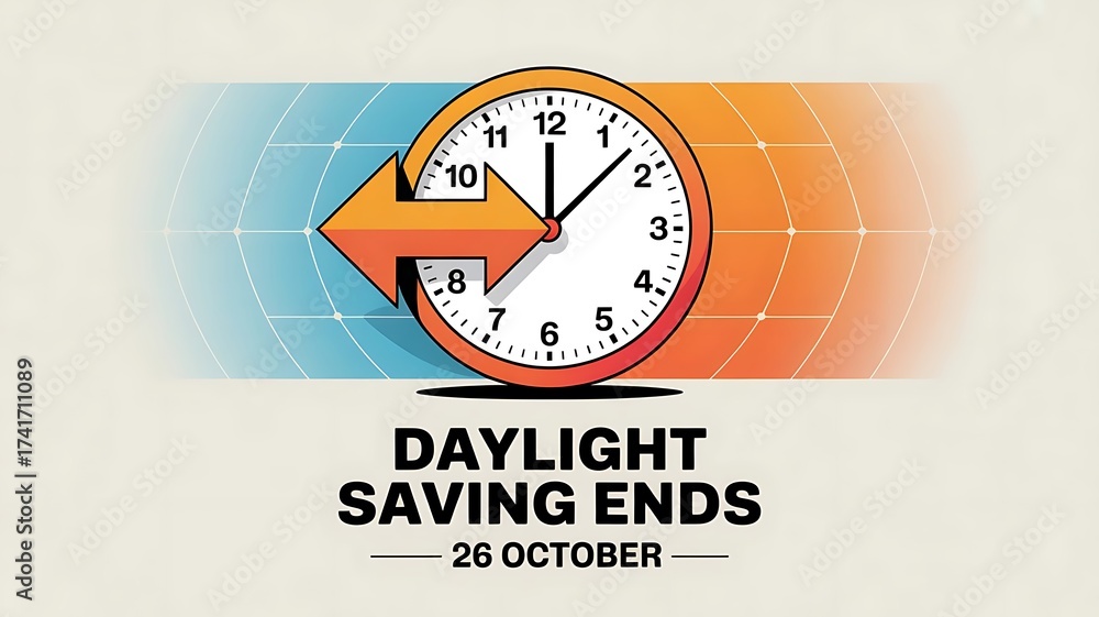 6 Oct Daylight Saving Time Ends Simple clean banner with clock going ...