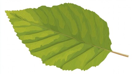 A detailed botanical illustration of a single green leaf with serrated edges and prominent veins, isolated on a white background.