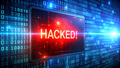 A red hacked warning text over binary code background, symbolizing system failure, digital malfunction, and cybersecurity breakdown in cyber environment.