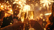 © Rat Art - Luxury party with people raising champagne glasses amid glowing bokeh lights and sparkling festive fireworks.
