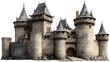 © Jojo* - Medieval stone castle with multiple turrets and a fortified gatehouse, set against a pure white background, evokes strength and protection with its imposing architecture and formidable defenses.