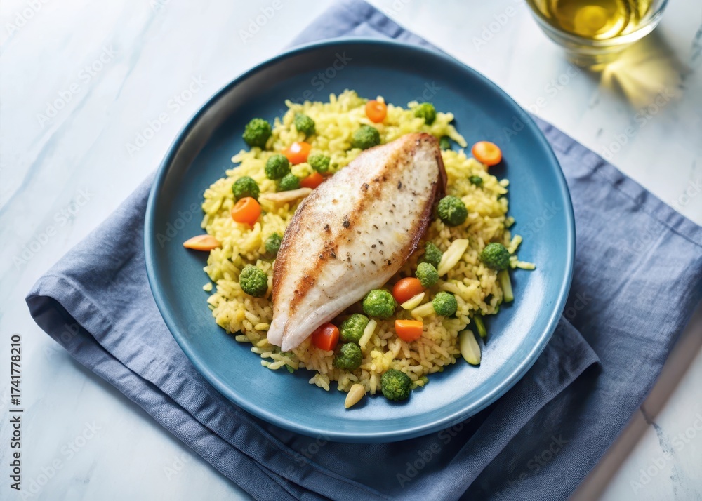 Basa Rice Ilustración de Stock Pan-seared smoked basa fillet on a bed of aromatic ...