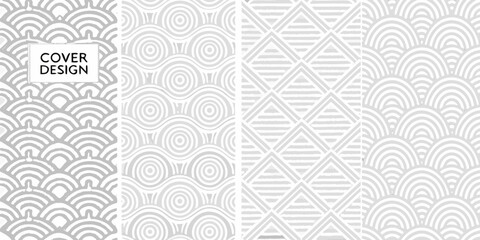 Collection of four seamless geometric patterns in light gray and white with a cover design element