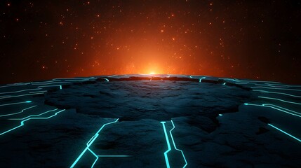 Wall Mural - The image shows a dark, cracked terrain with glowing blue lines, contrasted against a fiery orange and starry sky, creating a sense of futuristic fantasy and otherworldly landscape.