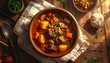 © Dhola - Delicious and hearty beef stew with vegetables served in a wooden bowl