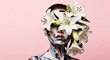 © Erisna Yolanda - Woman's face covered in colorful abstract art, adorned with white lilies on a pink background