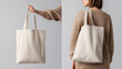 © Niparat - A minimal mockup of a beige canvas tote bag shown in two perspectives. Perfect for branding and logo placement or eco-friendly product design.