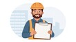 © Tonton1541 - customer care builders concept. Cartoon construction worker holding a clipboard in a cityscape background.