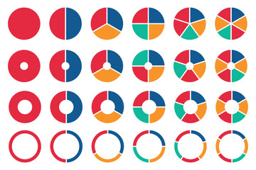 Wall Mural - Circle pie chart diagram. Set of pie charts diagrams. Pie chart divided 2, 3, 4, 5, 6,7, 8, 9, 10, 11, 12. equal parts. Circle section graph. Different color circles. Colorful diagram graphs.