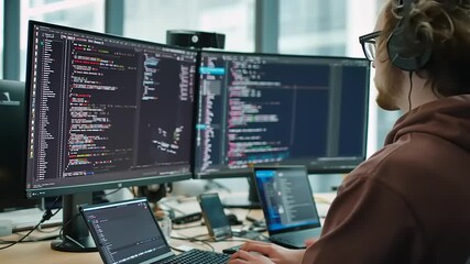 Young programmer coding at dual monitors in modern office, focused on software development tasks