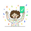 © Charitha - Cheerful person celebrates success with a checkmark card amidst confetti, exuding joy and accomplishment in a vibrant, modern design