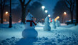 © Ammy - Snowman's Winter Promenade: A charming snowman stands on a snow-covered path amidst a winter landscape, illuminated by streetlights, evokes feelings of the winter holiday spirit.