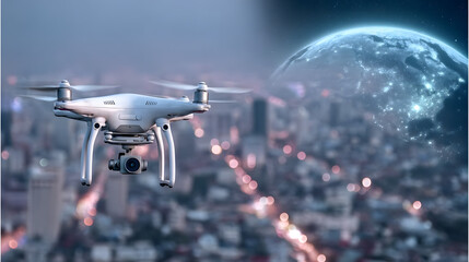 Wall Mural - Futuristic drone flying above cityscape with glowing lights and visible camera symbolizing innovation exploration and advanced technology in space flight and remote sensing
