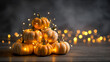 © Mmmdrza - A playful arrangement of Halloween pumpkins stacked together, shining brightly with string lights that add warmth to the spooky celebration