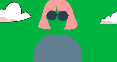 Wall Mural - Digital animation of woman wearing sunglasses and clouds icon against transparent background
