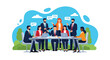 © Amie - Adobe illustrator artwork vector illustration of a productive business meeting in an office setting, with a team collaborating using laptops and discussing ideas