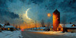© ภูริพัฒน์ ภิรมย์กิจ - A tranquil winter village scene at dusk, illuminated by a crescent moon and warm lights from houses and a silo, with snow-covered streets and a hint of sunset glow