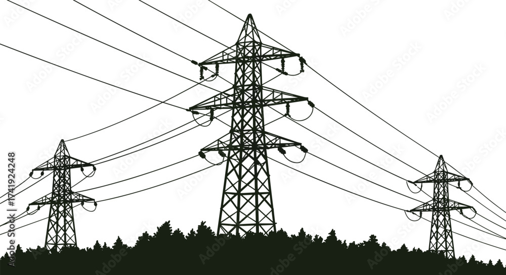 High voltage electricity transmission towers, power pylons with cables ...