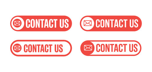 Four red and white contact us buttons with envelope icon for web and business communication