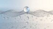 © XT Dabro - Dynamic nanotechnology concept showing a molecular mesh structure with a large moisture sphere on top and bubbles underneath in a cosmetic filtration context