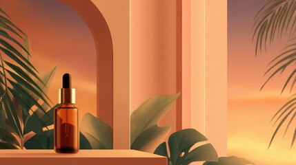 Wall Mural - A serene sunset scene featuring a glass dropper bottle on a pedestal surrounded by lush greenery