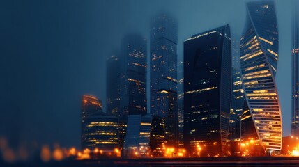 Wall Mural - Night view of a modern city skyline with illuminated skyscrapers under a misty sky, showcasing urban life