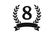 © Juno - 8 years anniversary icon with laurel wreath and ribbon. Eighth birthday jubilee celebration logo. Winner award seal emblem symbol. Black silhouette vector illustration design.