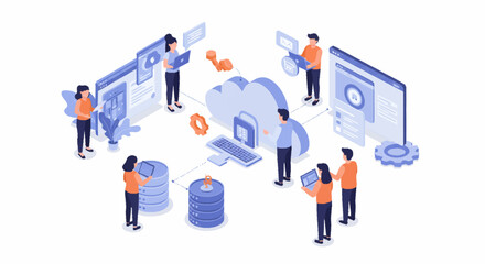 Illustration depicts people working with cloud computing, data storage, and digital interfaces.