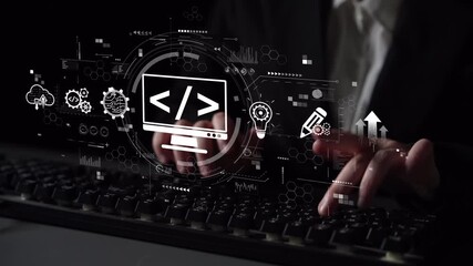 Modern web development concept featuring coding symbols, web development process, web development interface, and web development tools with futuristic design. Muxer