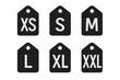 © Jane - Clothing size label set XS, S, M, L, XL, XXL vector icon collection. Apparel measurement tags from small to extra large. Fashion retail symbols for store or shop.