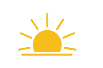 Minimalist sunset icon with downward arrow, vector sun symbol on round design, bright yellow sunny horizon, simple modern graphic illustration, transparent background, ordered set design