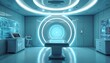 © Vadym - Futuristic medical room with glowing advanced scanner for diagnostics. Bright blue lights illuminate modern high tech health equipment, diagnostic displays. Empty clinic interior shows future