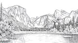 Yosemite Valley Line Drawing - Majestic Mountain Landscape