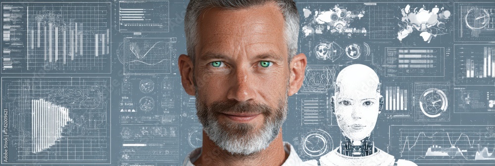 A 40 year old man with short white beard and green eyes smiles lightly ...