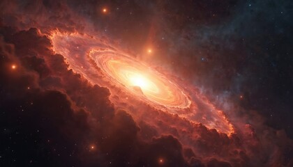 Wall Mural - Vast cosmic nebula forms in deep space. Glowing gas, hot dust swirl, creating new galaxy. Central bright light radiates immense energy, illuminating vast universe. Celestial creation expands, tiny