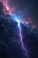 Wall Mural - Cosmic rift splits deep space. Glowing electric energy veins crack dark nebulae. Bright light emanates from fractured celestial landscape. Stars fill galaxy background. Powerful mystical event